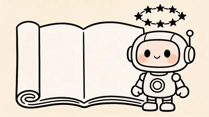 Kreslený robot s knihou pravidiel a kruhom hviezd EÚ, ilustrácia k regulácii umelej inteligencie