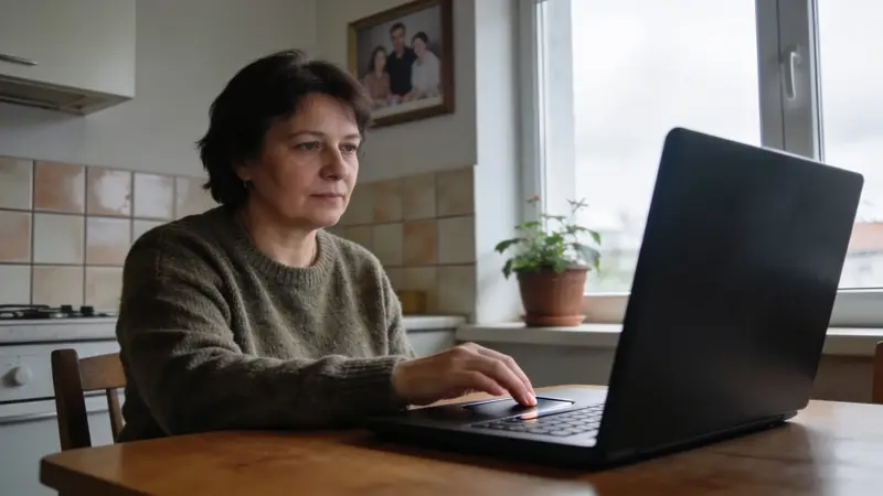 Žena v kuchyni nakupuje online cez notebook položený na drevenom stole.