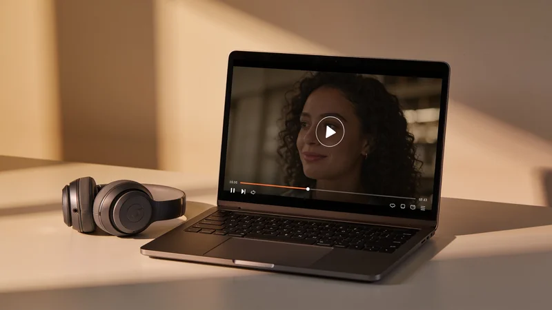 Notebook s otvoreným prehrávačom videa a tlačidlom na stiahnutie