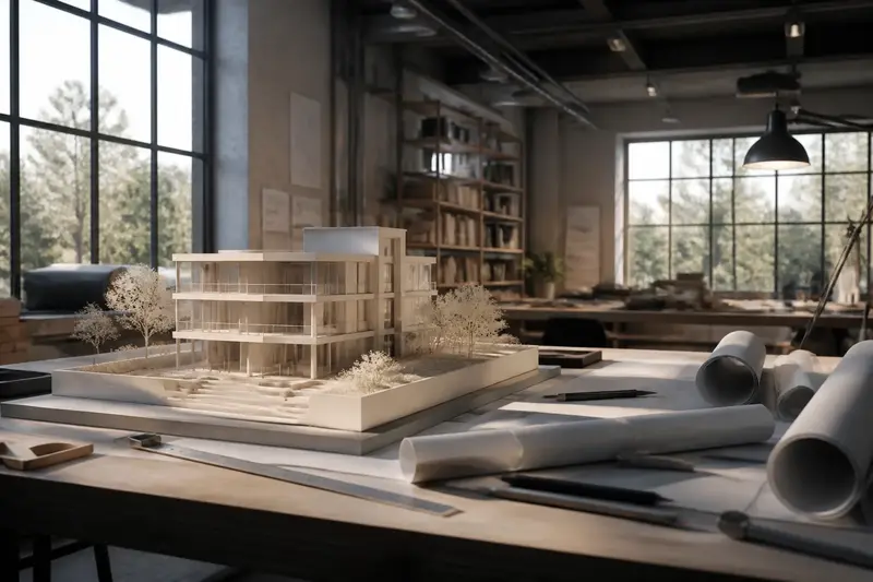 Ateliér architekta s modelom budovy a rozloženými výkresmi na stole.