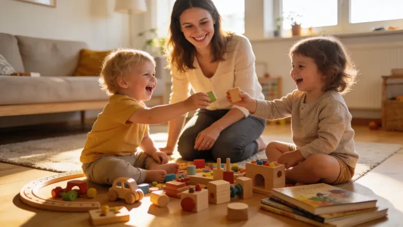 Au-pair sa hrá s dvomi malými deťmi v svetlej rakúskej obývačke s drevenými hračkami