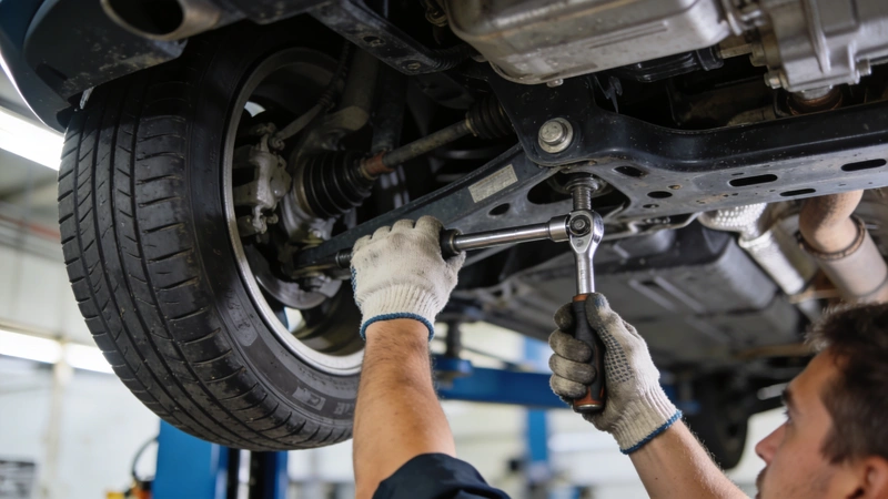 Mechanik kontroluje podvozok auta v servise