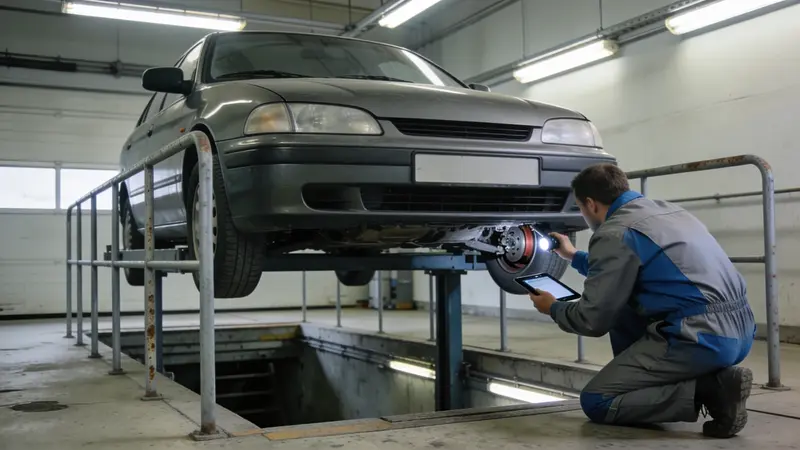 Osobné auto na kontrolnej linke stanice technickej kontroly