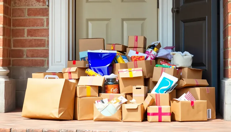 Kopa kartónových balíkov pred vchodovými dverami