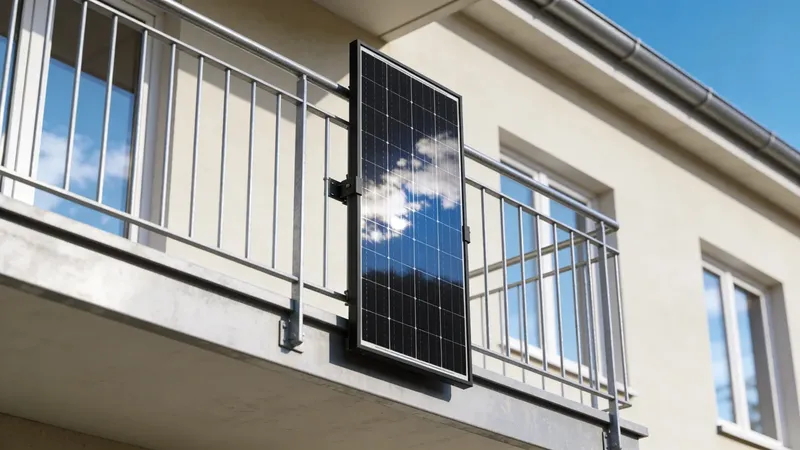 Solárny panel namontovaný zvisle na vonkajšej strane zábradlia balkóna bytového domu, balkón zostáva voľný