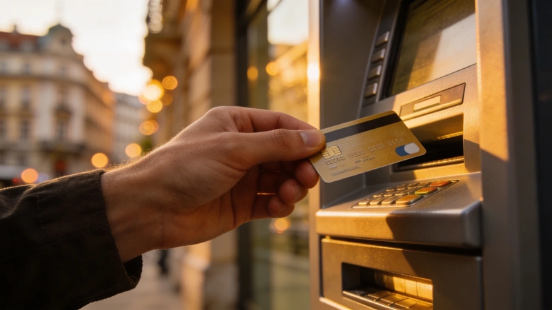 Ruka vkladajúca bankovú kartu do bankomatu v nemeckom meste, rozmazané mestské budovy v pozadí