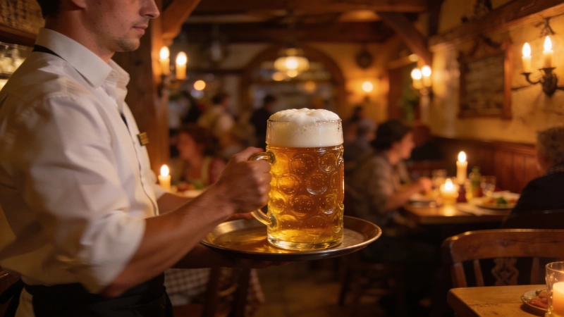 Čašník servíruje pivo v tradičnej nemeckej reštaurácii s dreveným interiérom