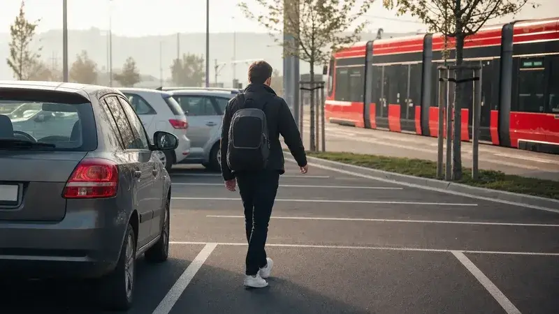 Cestujúci odchádza od auta na záchytnom parkovisku k MHD