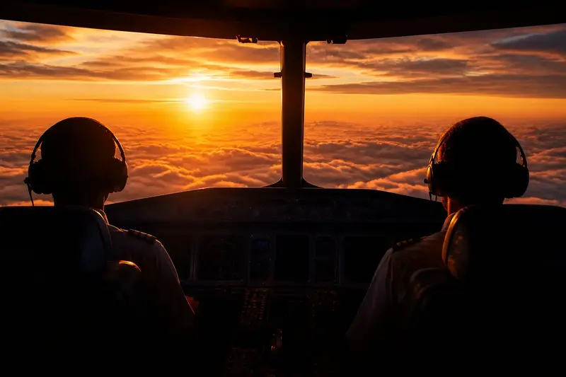 Pohľad z pilotnej kabíny na zapadajúce slnko nad oblakmi počas letu.