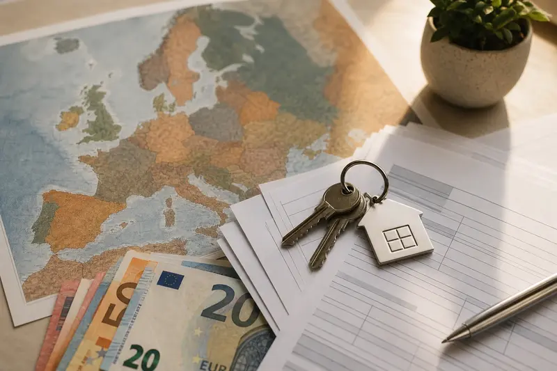 Mapa Európy, daňové dokumenty a kľúče pri daňovej rezidencii