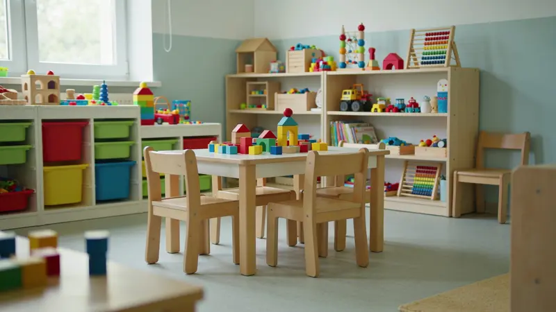 Farebné hračky a nízke stoličky v hernej miestnosti materskej školy
