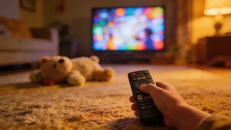 Detská ruka s diaľkovým ovládačom pred rozsvietenou televíznou obrazovkou v obývačke