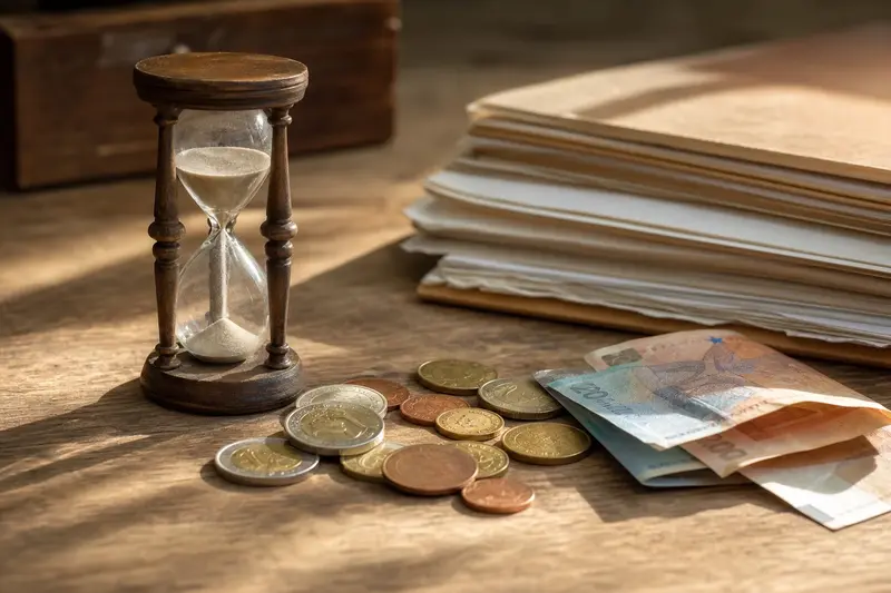 Eurové mince, bankovky a presýpacie hodiny pri dôchodku zo zahraničia