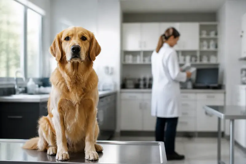 Pes na vyšetrovacom stole vo veterinárnej ambulancii.