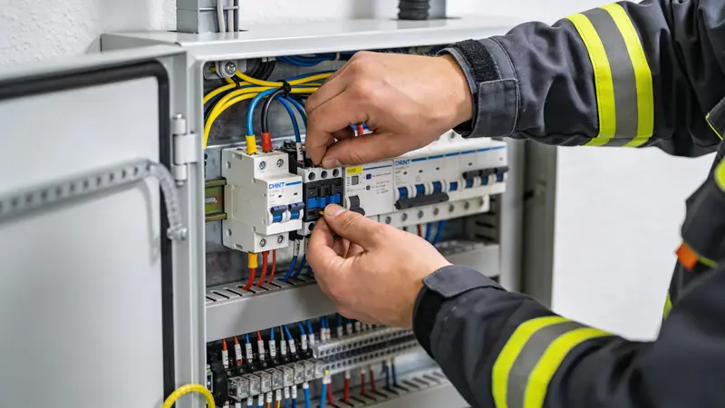 Slovenský elektrikár v pracovnej uniforme zapája rozvádzač na nemeckej novostavbe