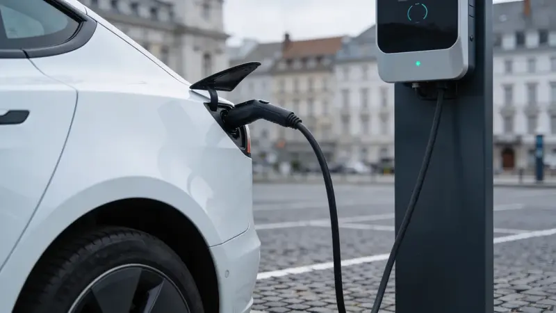 Biely elektromobil nabíjajúci sa na verejnej nabíjačke v európskom meste