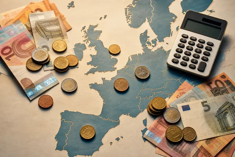 Eurové bankovky na mape Európy a kalkulačka pri porovnaní životných nákladov