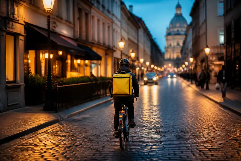 Kuriér s doručovacím batohom na bicykli prechádza večernou európskou ulicou.