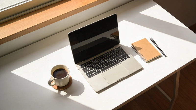 Minimalistický pracovný stôl s notebookom, zápisníkom a kávou