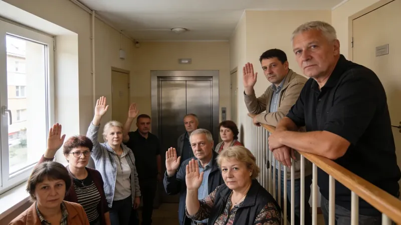 Skupina vlastníkov bytov rôzneho veku hlasuje zdvihnutými rukami na chodbe panelového domu