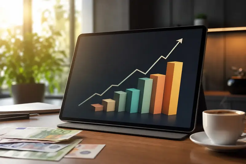 Tablet s rastúcim grafom, eurá a káva pri investovaní počas práce v zahraničí