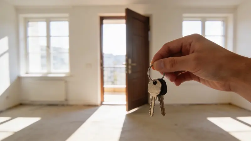 Kľúče od bytu pred otvorenými dverami do prázdneho bytu
