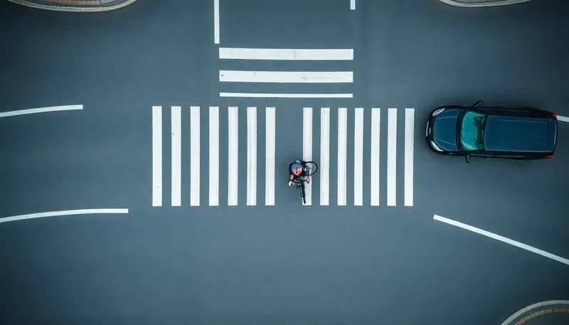 Priechod pre chodcov s cyklistom a autom zhora