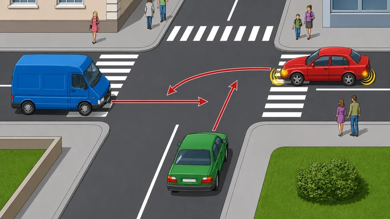 Ilustračná testová križovatka z pohľadu zhora, tri autá so smerovými šípkami znázorňujúcimi odbočovanie a jazdu rovno