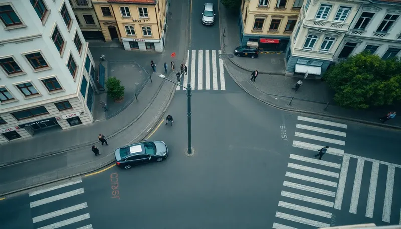 Mestská križovatka zhora s autom a chodcami