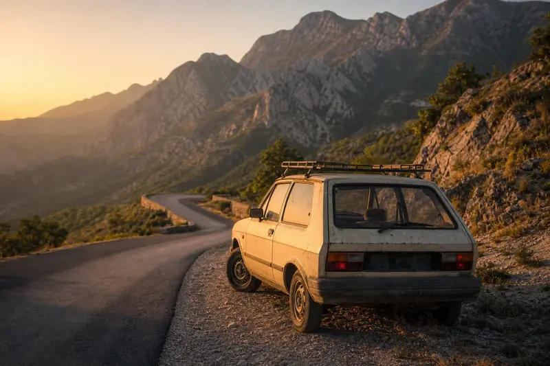 Staré lacné auto na horskej ceste na Balkáne