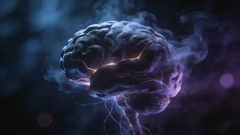 Abstraktné tmavé zobrazenie mozgu a neurónov s tlmeným svetlom