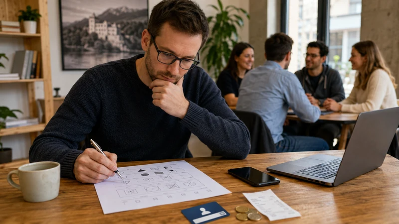 Muž s okuliarmi rieši hárok s geometrickými úlohami, v pozadí sa pri stole rozpráva skupina ľudí