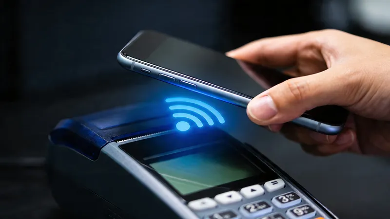 Technológia - smartfón pri platobnom terminali s NFC