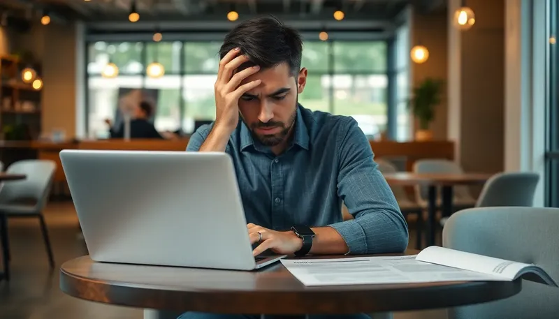 Frustrovaný muž pri notebooku v kaviarni