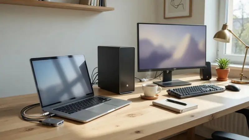 Moderný notebook a pracovný stôl v domácej kancelárii - výber notebooku