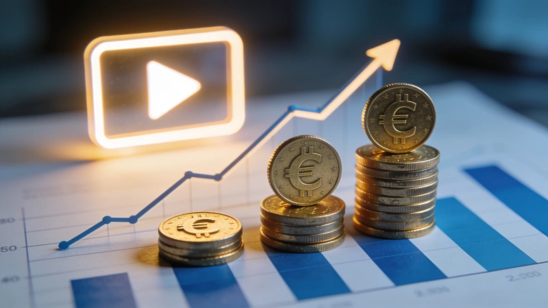 Abstraktná vizualizácia reklamy na YouTube - žiariace tlačidlo prehrávania a rastúci graf