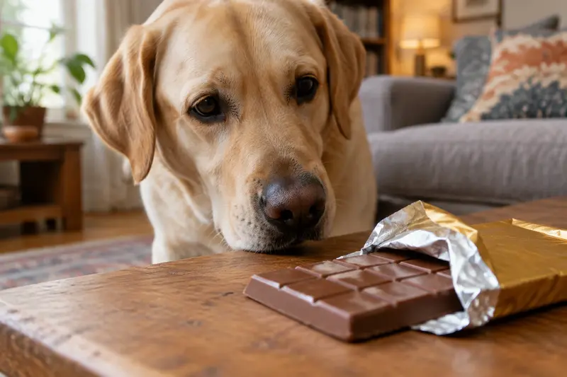 Labrador očucháva otvorenú tabuľku čokolády na konferenčnom stolíku