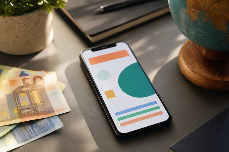 Smartfón s platobnou appkou, eurové bankovky a glóbus pri prevode peňazí