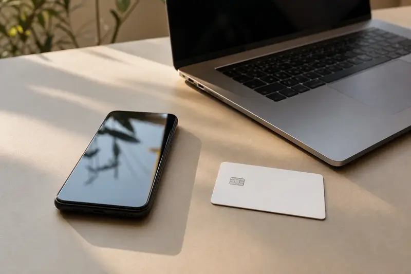 Platobná karta, smartfón a notebook na modernom stole pre neobankový účet