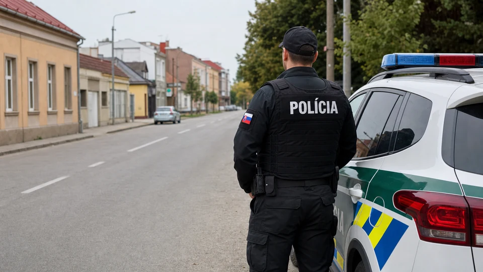 Slovenský policajt v modrej uniforme pri vozidle Policajného zboru