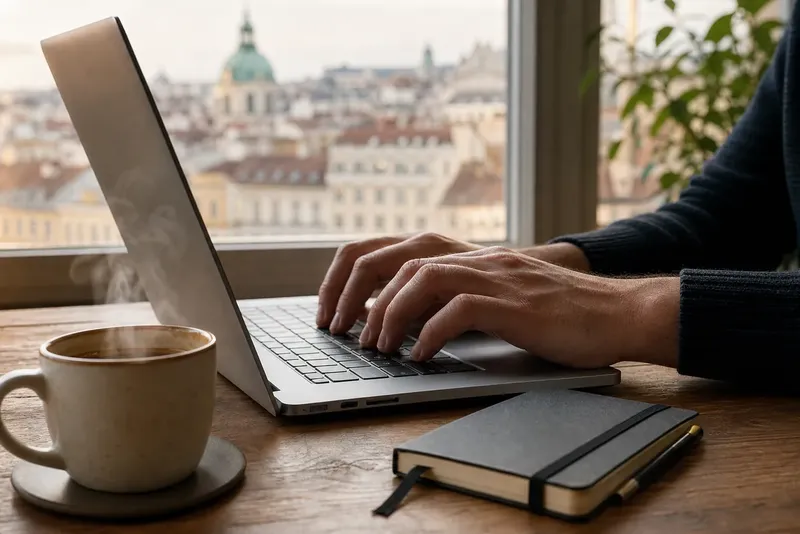 Detail rúk pri písaní na laptope s šálkou kávy a notebookom, viedenské strechy v rozmazanom pozadí cez okno