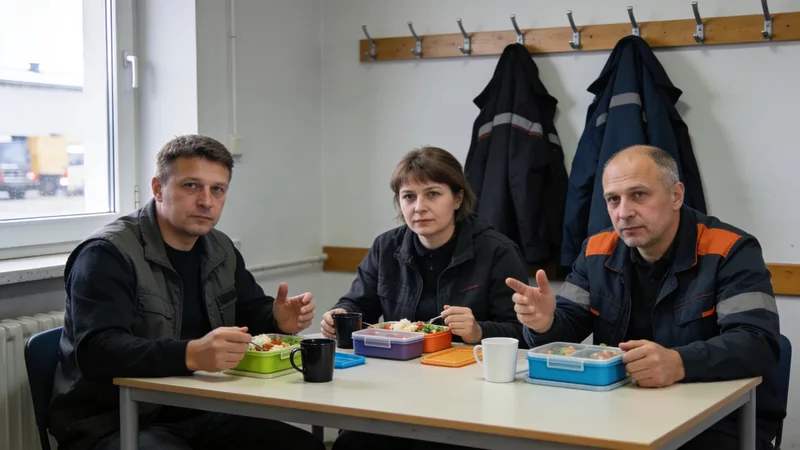 Traja zamestnanci sa počas prestávky rozprávajú o platoch