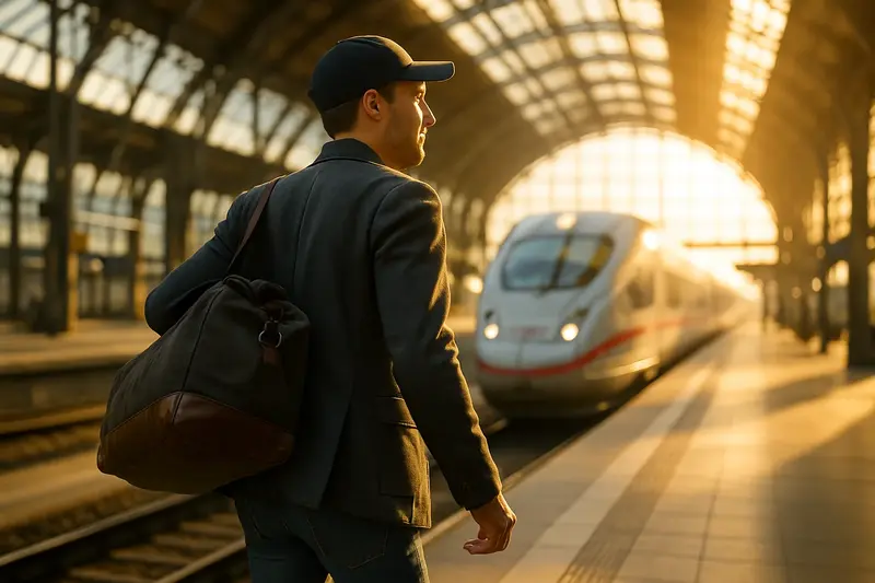 Muž s taškou kráča cez slnkom zaliatu nemeckú vlakovú stanicu