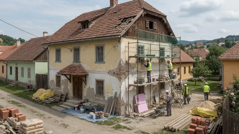 Starý slovenský dom v rekonštrukcii so stavebným materiálom a lešením