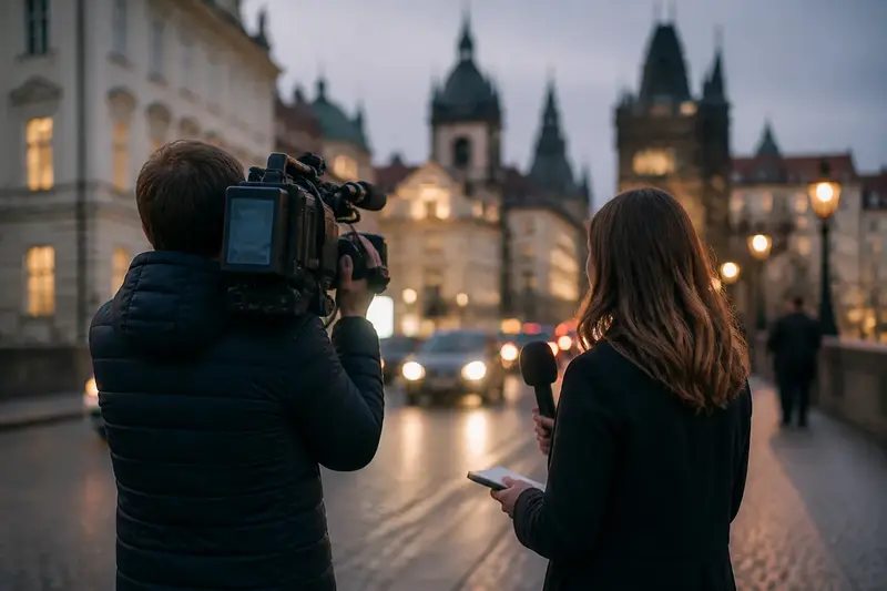 Reporter s kamerou a mikrofonmi na tlacovke na historickom namesti.