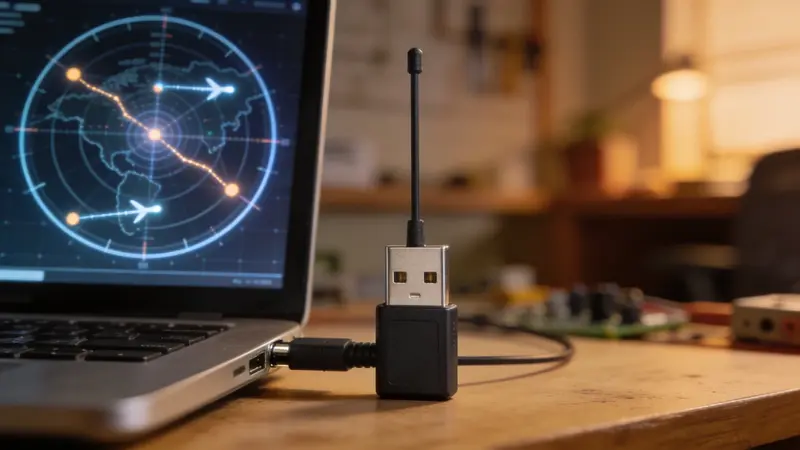 Malý USB SDR prijímač s anténou pripojený k počítaču s mapou letov