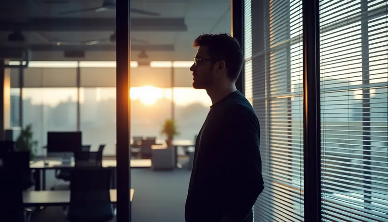 Silueta muža pri okne v prázdnej kancelárii