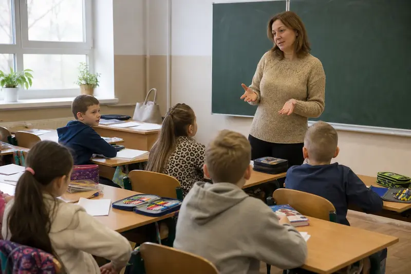 Slovenská učiteľka a žiaci v modernej školskej triede
