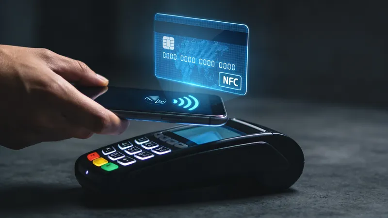 Smartphone priložený k platobného terminálu - bezkontaktná NFC platba