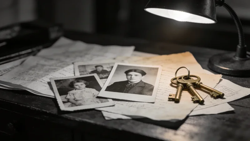 Staré rodinné fotografie a kľúče na dokumentoch